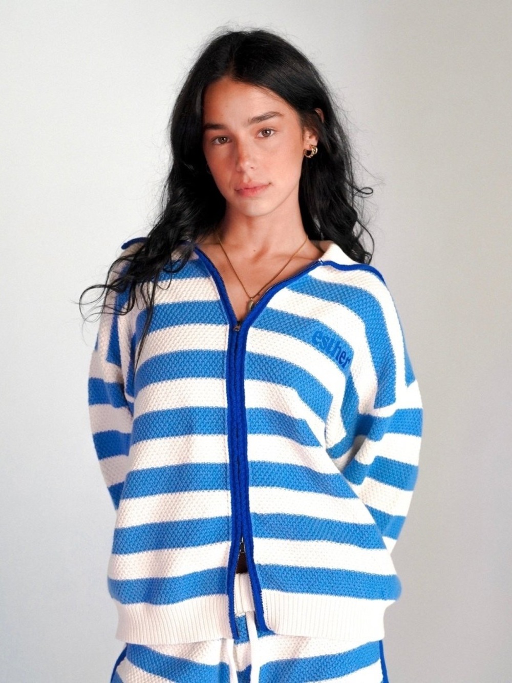 EUC Established For Her Esther The Zip Up Knit Cotton Sweater Blue White Stripes